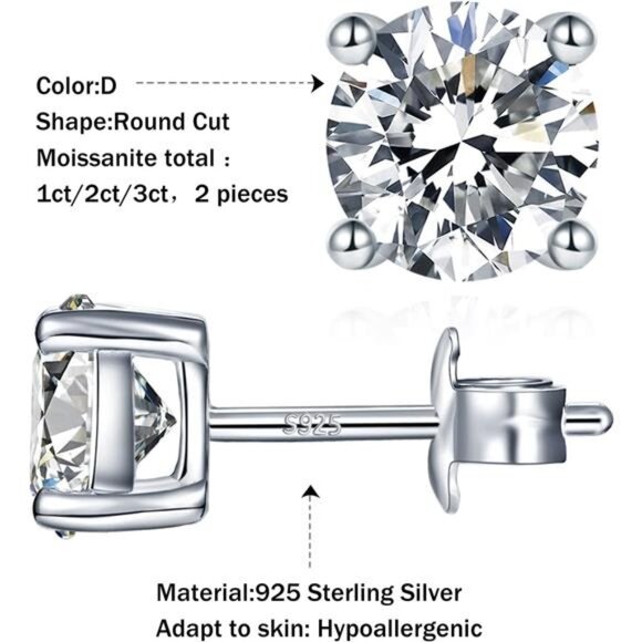 1/2/3ct Moissanite Stud Earrings for Women 925 Sterling Silver Hypoallergenic - Picture 3 of 7